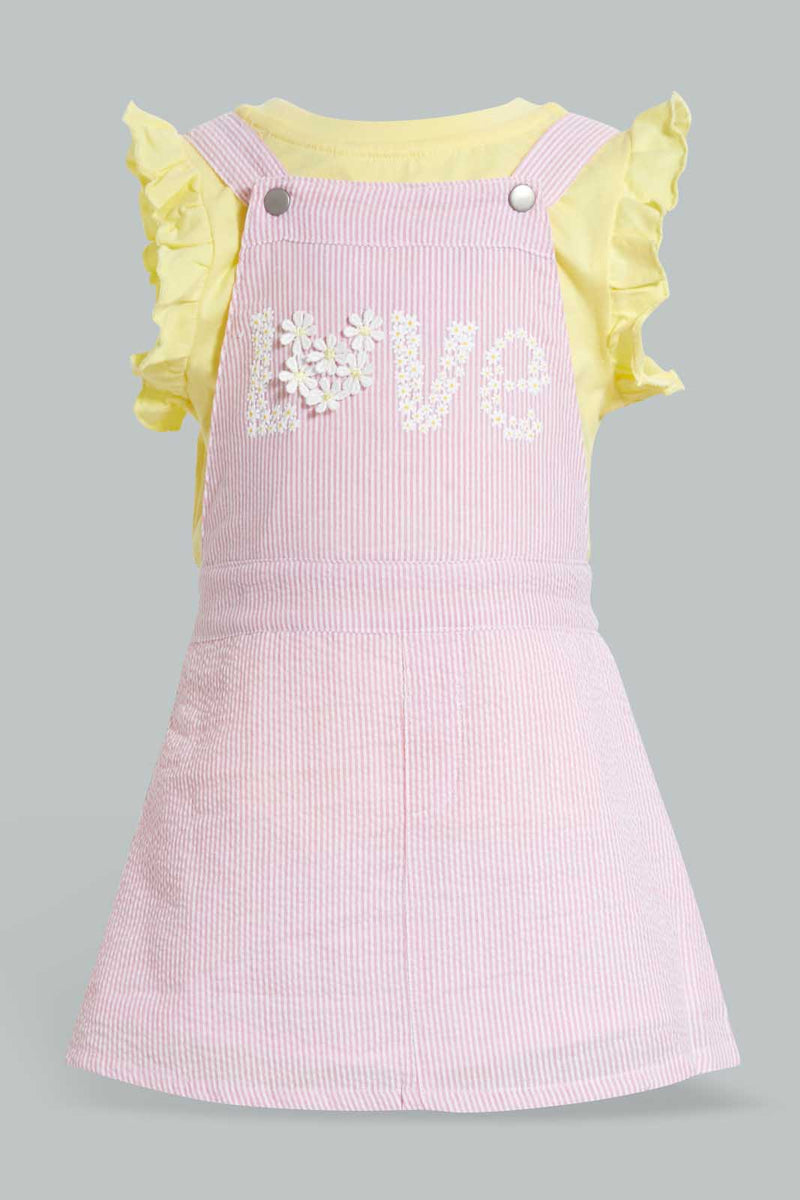 Redtag-Pink-Dungaree-Dress-With-Yellow-T-Shirt-Sets-Infant-Girls-3 to 24 Months