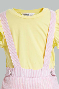 Redtag-Pink-Dungaree-Dress-With-Yellow-T-Shirt-Sets-Infant-Girls-3 to 24 Months