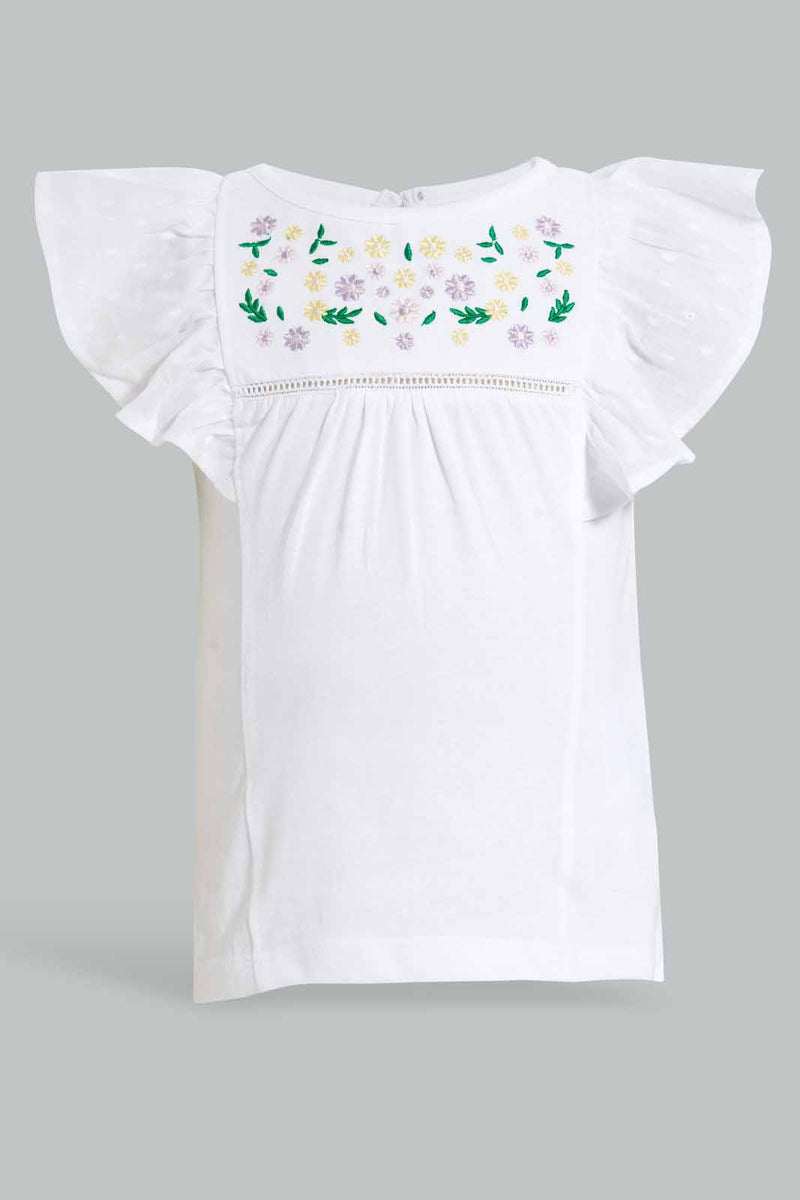 Redtag-White-Floral-Yoke-Embroidered-Flutter-Sleeves-Blouse-Blouses-Infant-Girls-3 to 24 Months