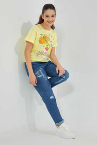 Redtag-Lt-Wash-Printed-Mom'S-Fit-Highrise-Jean-Jeans-High-Rise-Senior-Girls-9 to 14 Years