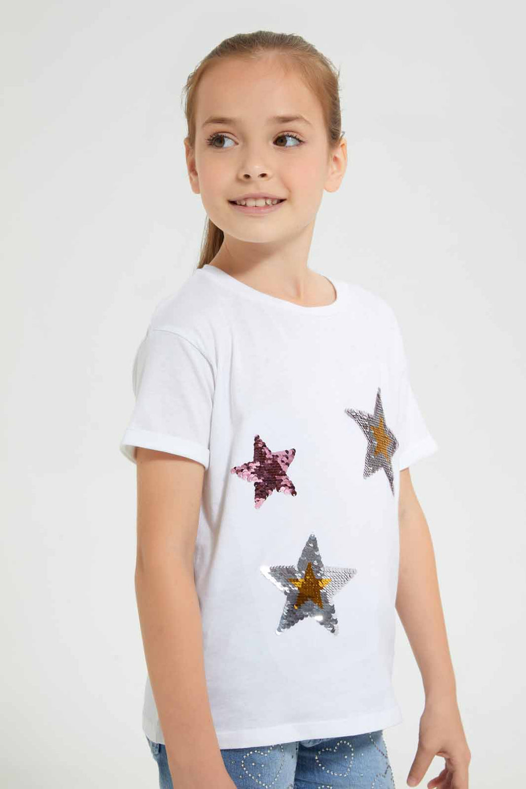 Redtag-White--Girls-Sequins-T-Shirt-Graphic-T-Shirts-Girls-2 to 8 Years