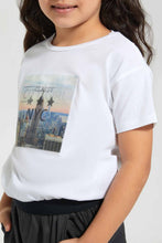 Load image into Gallery viewer, Redtag-White-Girls-3D-Holographic-Patch-T-Shirt-Graphic-T-Shirts-Girls-2 to 8 Years
