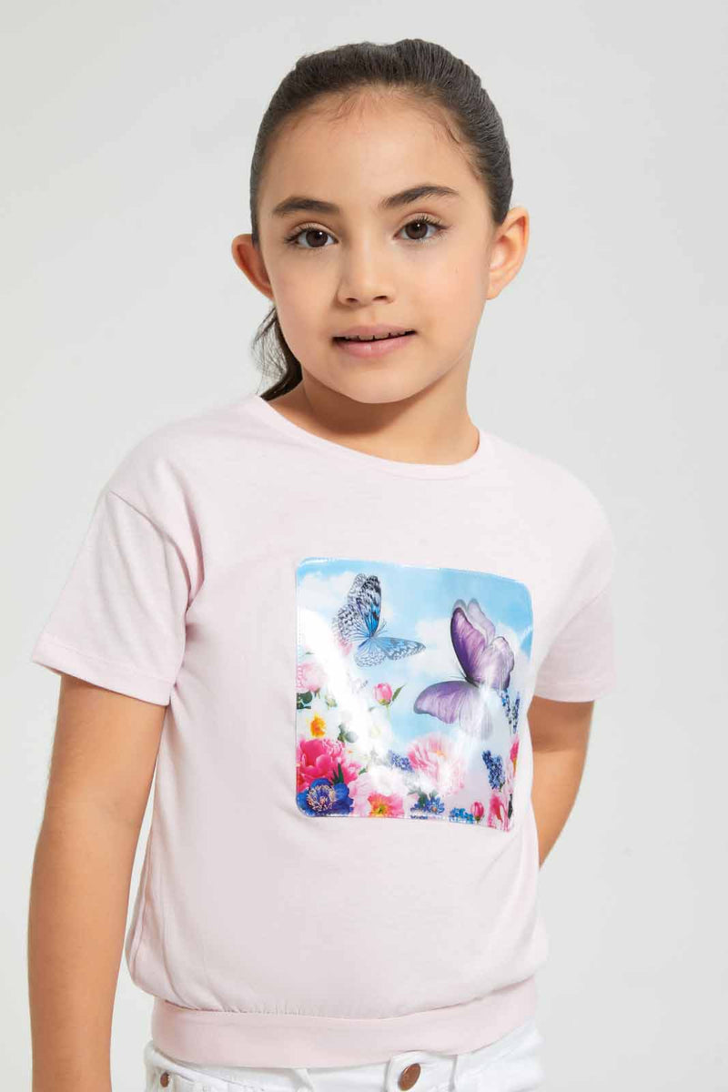 Redtag-Pink-Girls-3D-Holographic-Patch-T-Shirt-Graphic-T-Shirts-Girls-2 to 8 Years