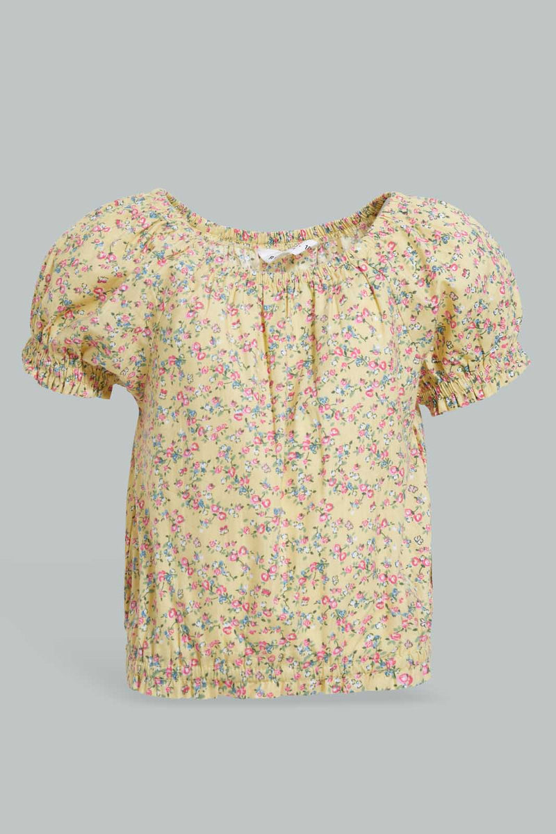Redtag-Yellow-Floral-Aop-Electic-Hem-Blouse-Blouses-Infant-Girls-3 to 24 Months