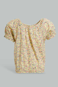 Redtag-Yellow-Floral-Aop-Electic-Hem-Blouse-Blouses-Infant-Girls-3 to 24 Months