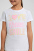 Redtag-White-Girls-Foil-Printed-T-Shirt-Graphic-T-Shirts-Girls-2 to 8 Years