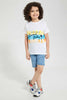 Redtag-White-Summer-Vibes-Emb-T-Shirt-Graphic-T-Shirts-Boys-2 to 8 Years