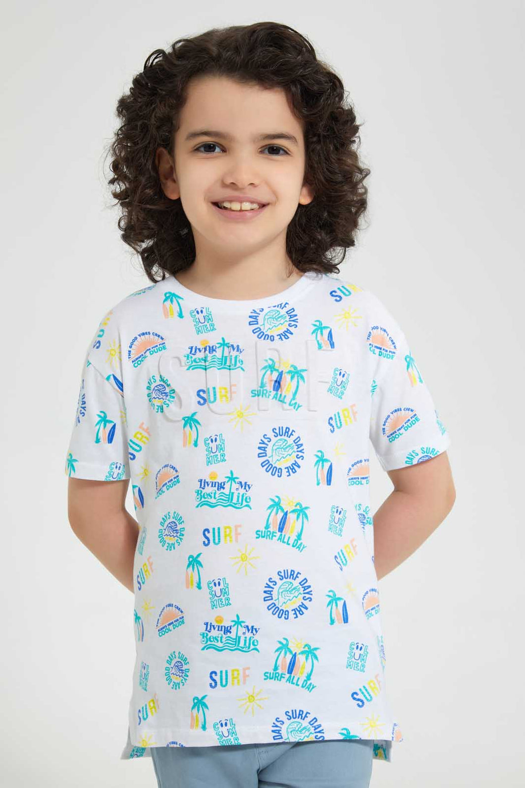 Redtag-White-Aop-Embossed-T-Shirt-All-Over-Prints-T-Shirts-Boys-2 to 8 Years