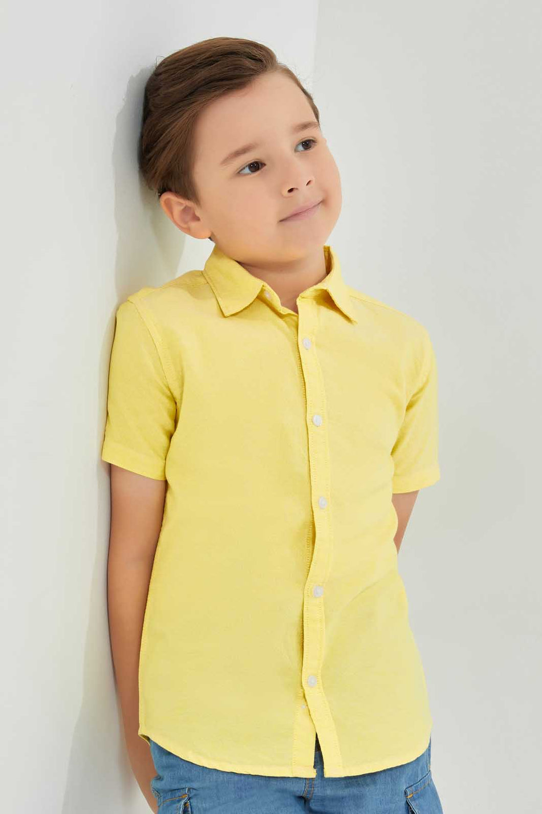 Redtag-Yellow-Oxford-Short-Sleeve-Short-Sleeve-Casual-Shirts-Boys-2 to 8 Years