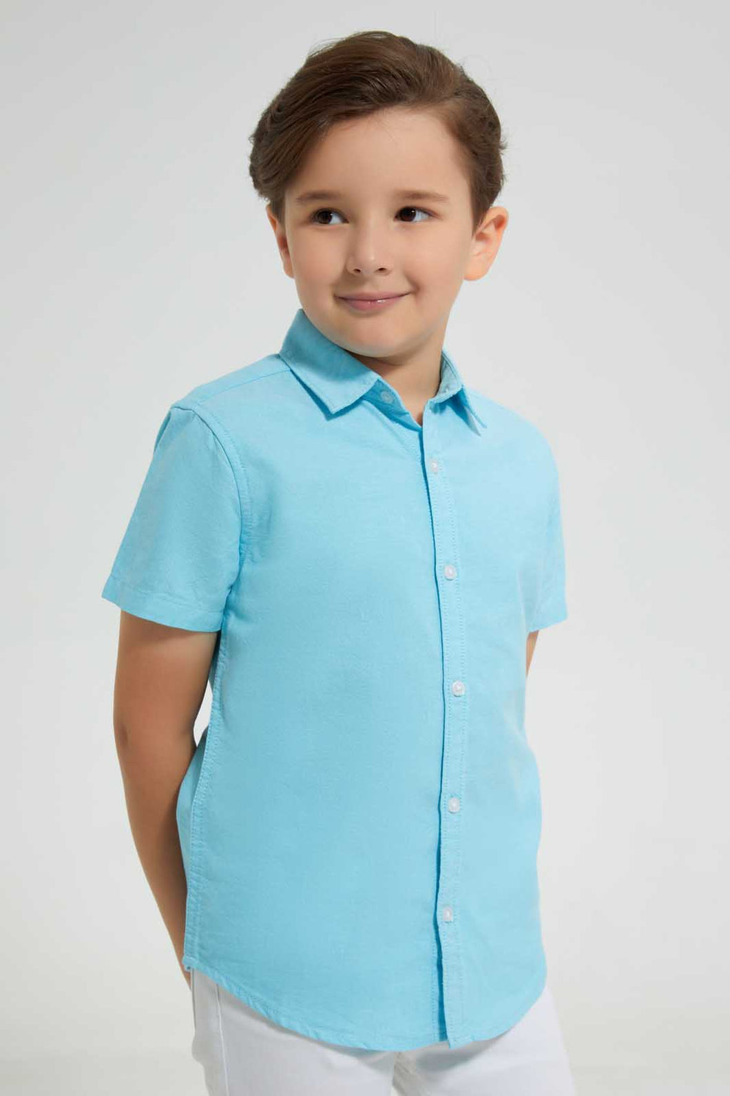Redtag-Blue-Oxford-Short-Sleeve-Short-Sleeve-Casual-Shirts-Boys-2 to 8 Years