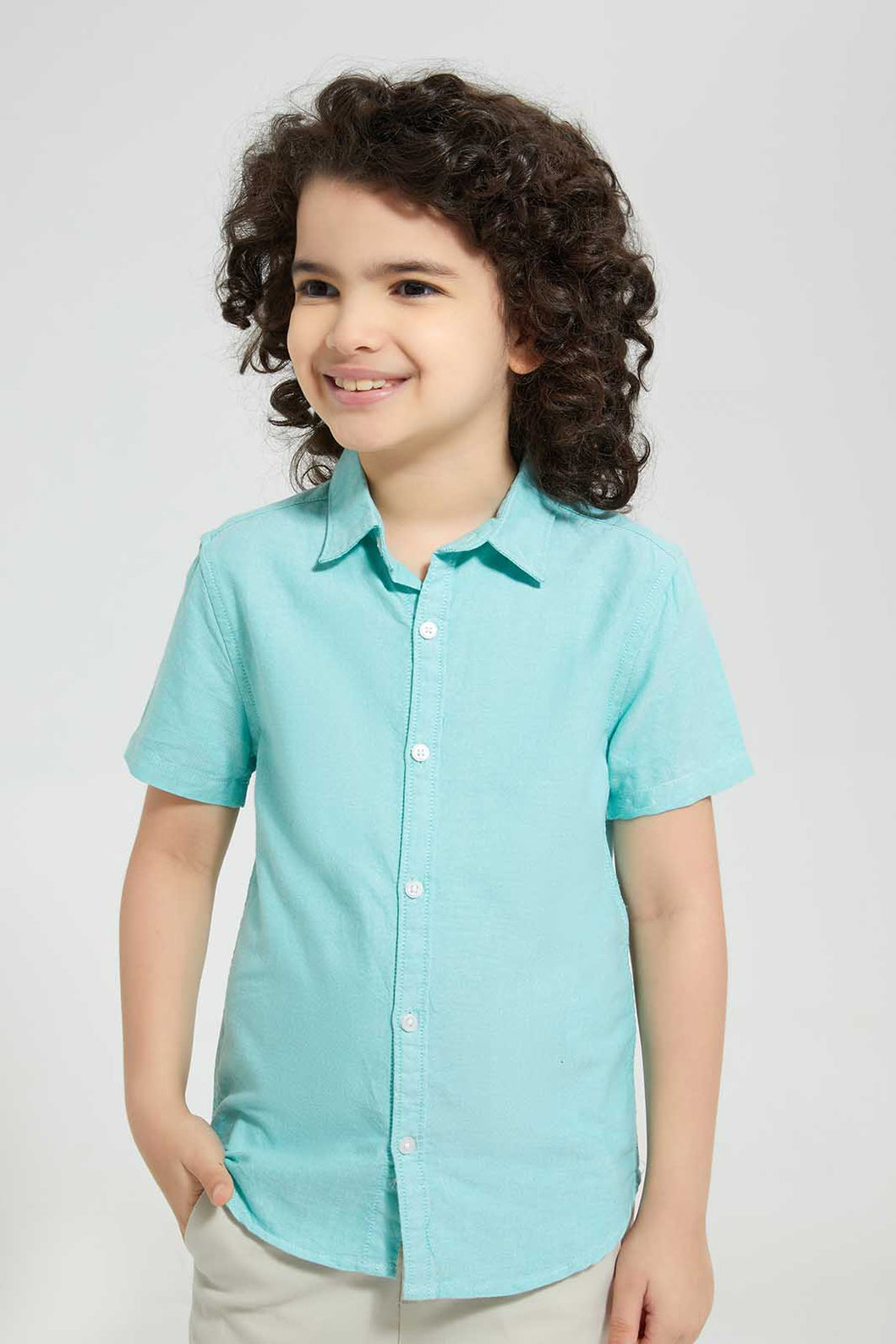 Redtag-Green-Oxford-Short-Sleeve-Short-Sleeve-Casual-Shirts-Boys-2 to 8 Years