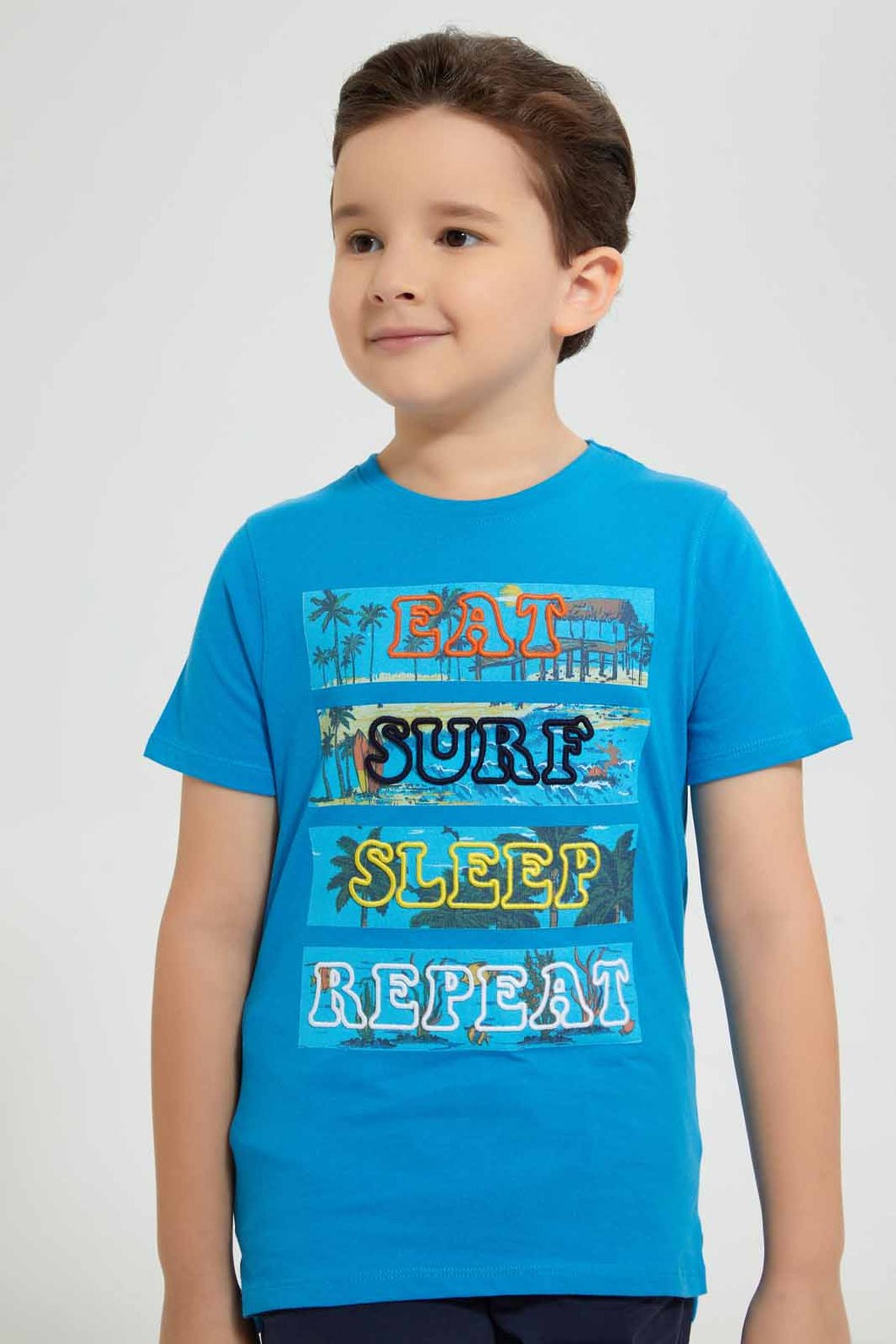 Redtag-Blue-Puff-Eat-Sleep-Print-T-Shirt-Graphic-T-Shirts-Boys-2 to 8 Years