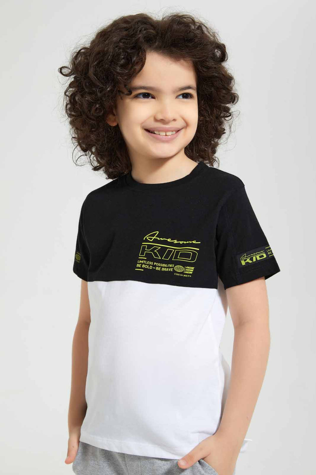 Redtag-Black-Paneled-Print-T-Shirt-Graphic-T-Shirts-Boys-2 to 8 Years