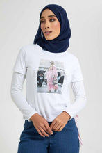 تنزيل الصورة على معرض الصور، Redtag-White-T-Shirt-Short-Sleeve-With-Center-Artwork-Side-Stripe-Tops-Women&#39;s-
