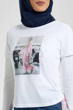 تنزيل الصورة على معرض الصور، Redtag-White-T-Shirt-Short-Sleeve-With-Center-Artwork-Side-Stripe-Tops-Women&#39;s-
