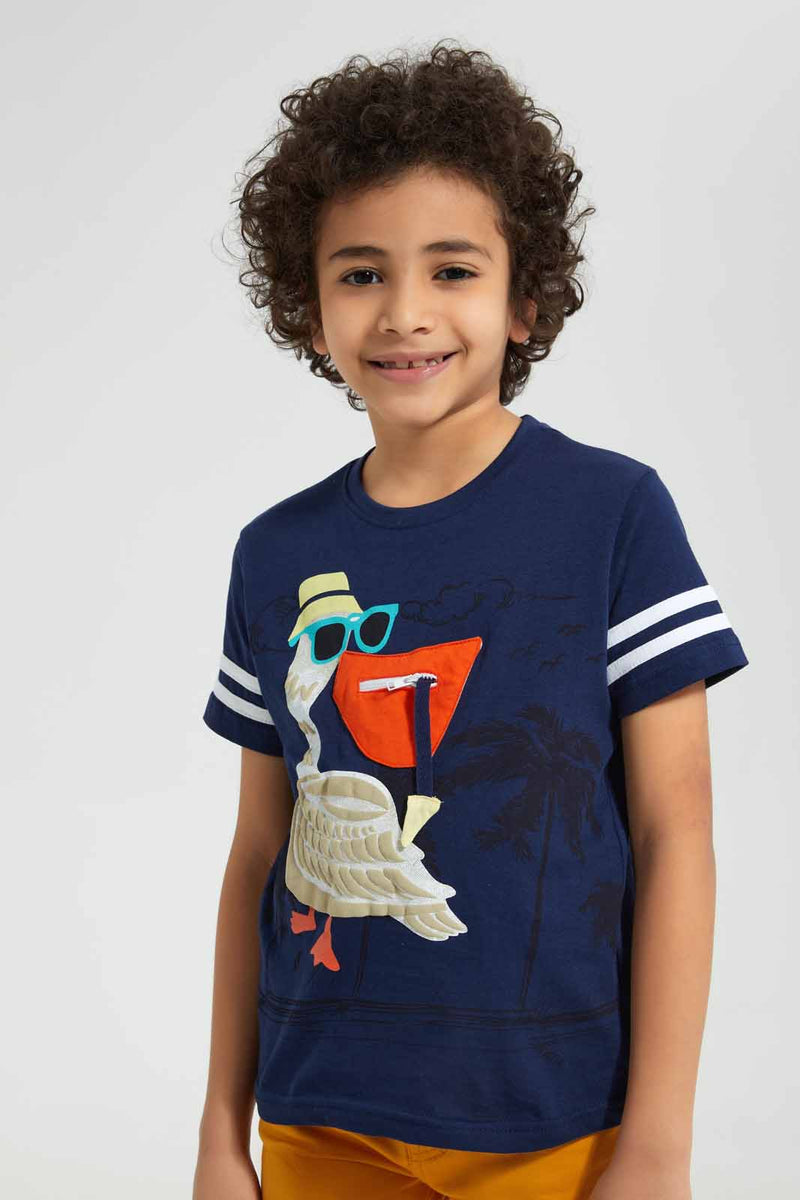 Redtag-Navy-Pelican-Flap-Pocket-T-Shirt-Embellished-T-Shirts-Boys-2 to 8 Years