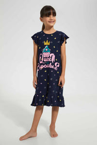 Redtag-Navy-Nightshirt-With-Placement-Print-&-Aop-Nightshirts-Girls-2 to 8 Years