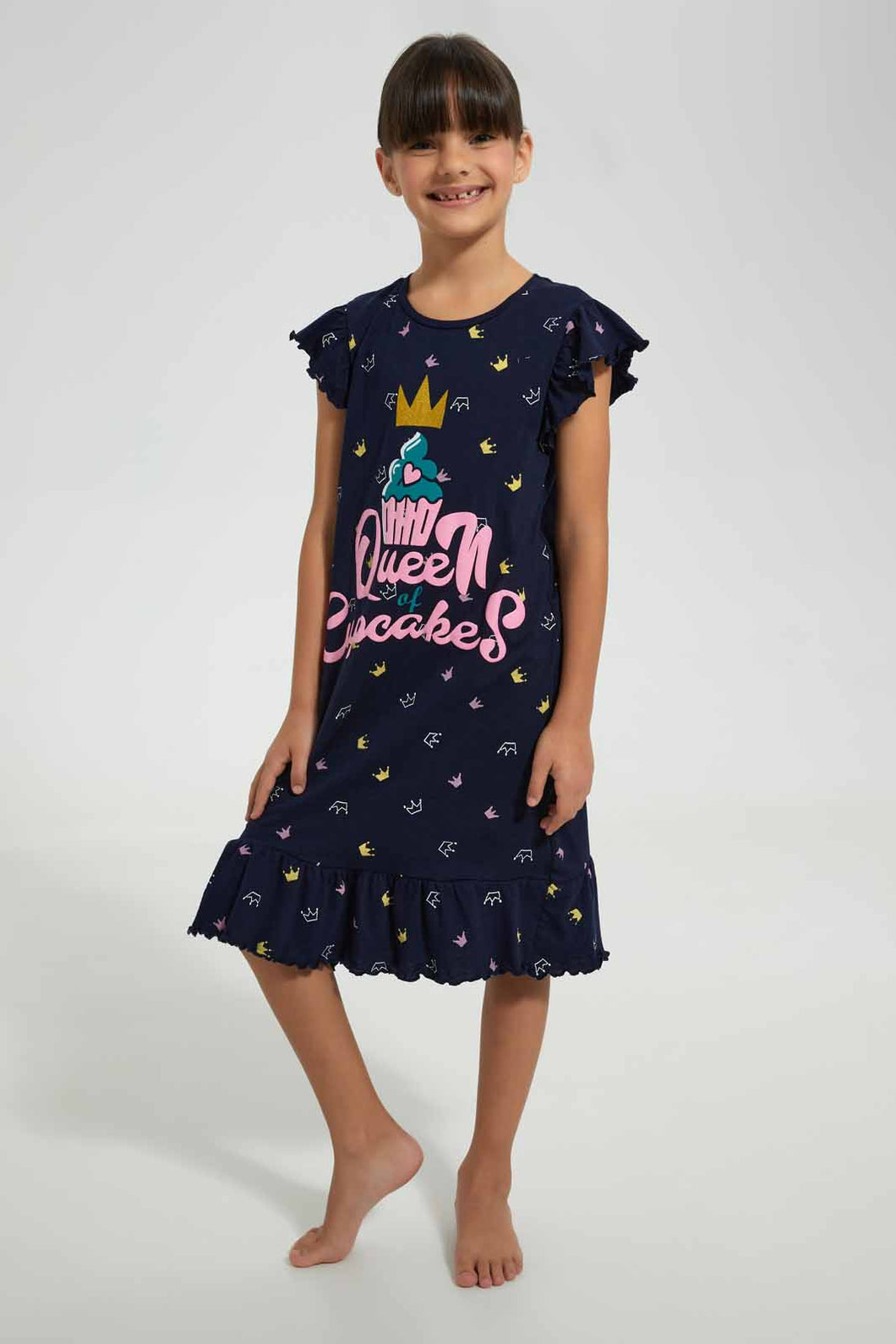 Redtag-Navy-Nightshirt-With-Placement-Print-&-Aop-Nightshirts-Girls-2 to 8 Years