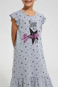 Redtag-Grey-Melange-Nightshirt-With-Placement-Print-&-Aop-Nightshirts-Girls-2 to 8 Years