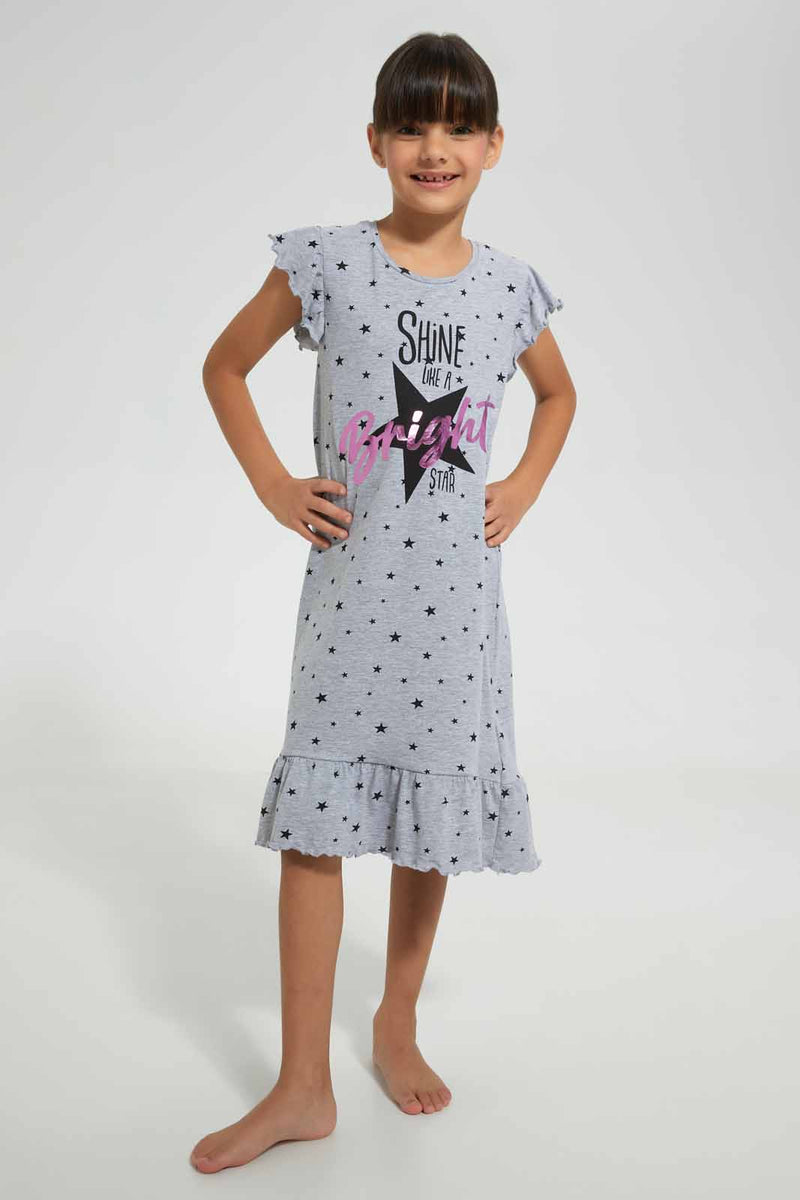 Redtag-Grey-Melange-Nightshirt-With-Placement-Print-&-Aop-Nightshirts-Girls-2 to 8 Years