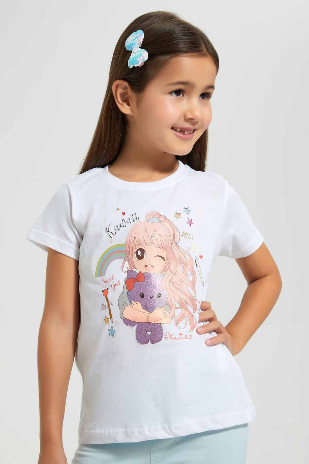 Redtag-White-Girls-Printed-T-Shirt-Graphic-T-Shirts-Girls-2 to 8 Years