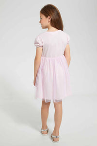 Redtag-Pink-Printed-Mesh-Bottom-Dress-Dresses-Girls-2 to 8 Years