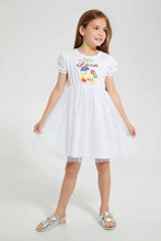 Load image into Gallery viewer, Redtag-White-Printed-Mesh-Bottom-Dress-Dresses-Girls-2 to 8 Years
