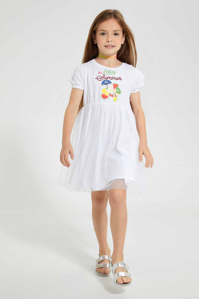 Redtag-White-Printed-Mesh-Bottom-Dress-Dresses-Girls-2 to 8 Years