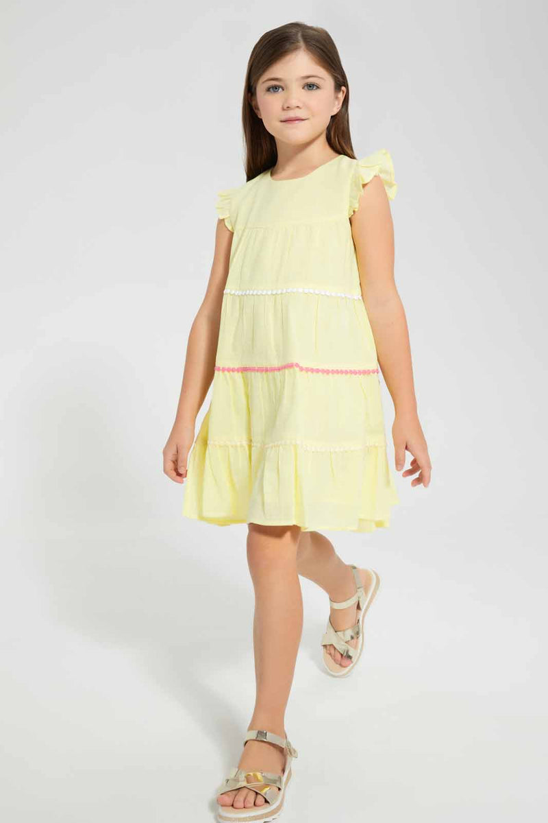 Redtag-Yellow-Tiered-Dress-Dresses-Girls-2 to 8 Years