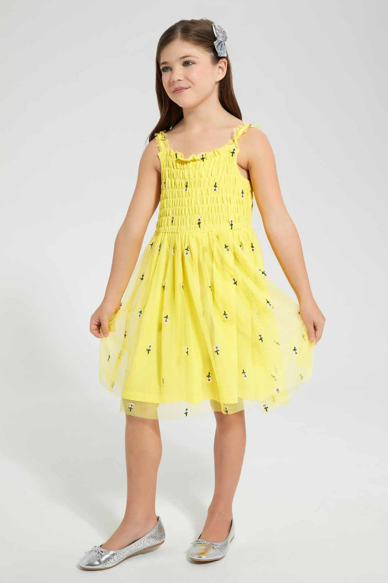 Redtag-Yellow-Embroidered-Dress-Dresses-Girls-2 to 8 Years