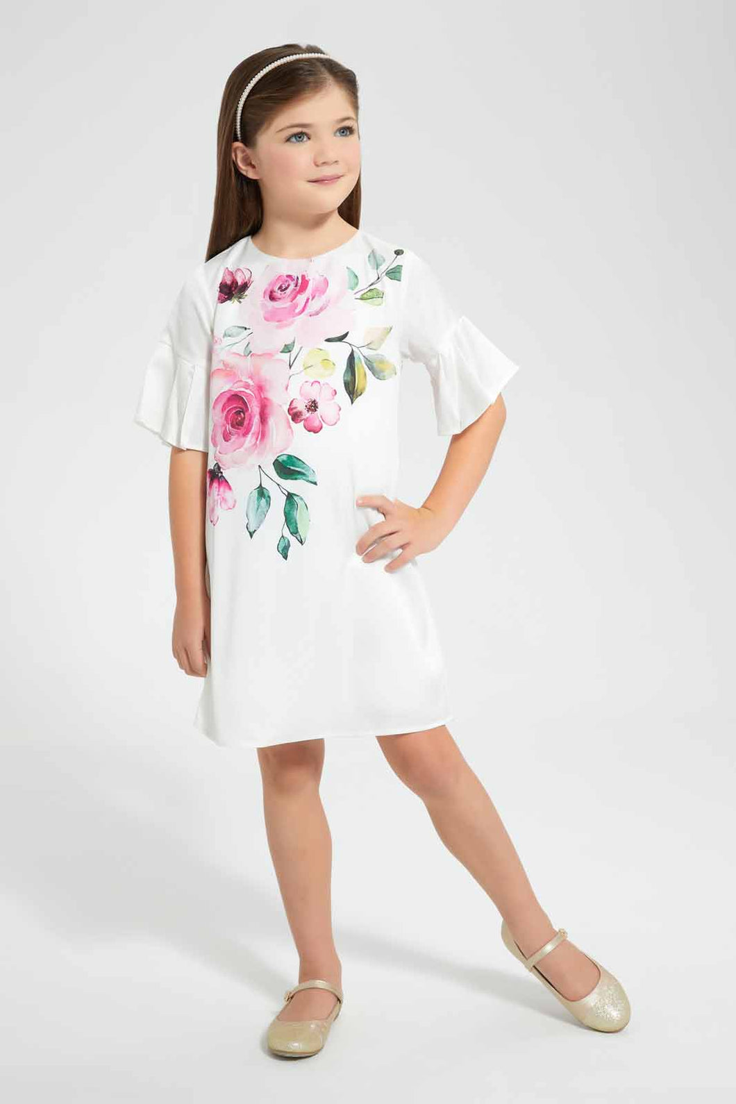 Redtag-Cream-Floral-Printed-Dress-Dresses-Girls-2 to 8 Years