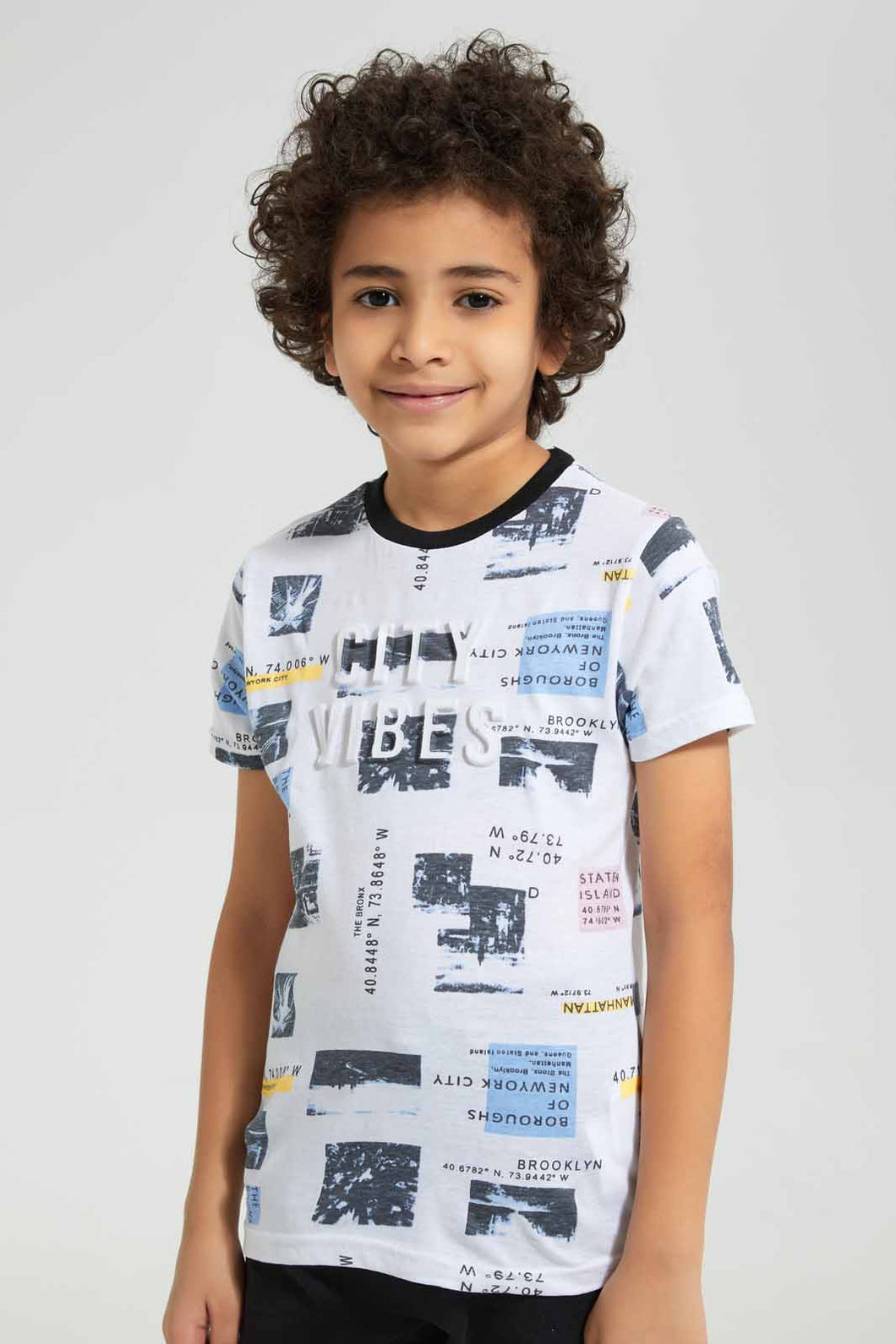 Redtag-White-Embossed-City-Print-T-Shirt-Graphic-T-Shirts-Boys-2 to 8 Years