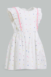 Redtag-White-Printed-Polka-Dot-Dress-With-Frills-Dresses-Infant-Girls-3 to 24 Months