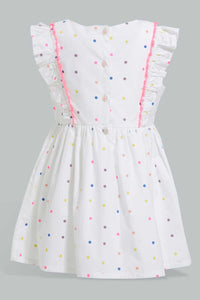 Redtag-White-Printed-Polka-Dot-Dress-With-Frills-Dresses-Infant-Girls-3 to 24 Months