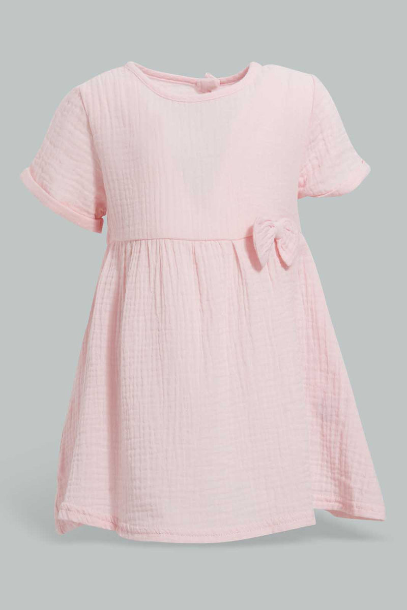 Redtag-Pink-Casual-Dress-With-Front-Bow-Dresses-Infant-Girls-3 to 24 Months