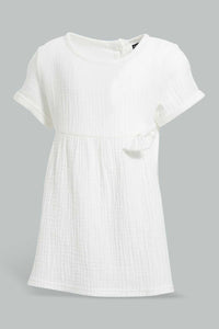 Redtag-White-Casual-Dress-With-Front-Bow-Dresses-Infant-Girls-3 to 24 Months