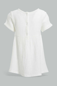 Redtag-White-Casual-Dress-With-Front-Bow-Dresses-Infant-Girls-3 to 24 Months