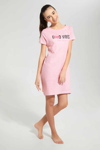 Redtag-Pink-Ruffled-Sleeve-NightShirt-Nightshirts-Senior-Girls-9 to 14 Years