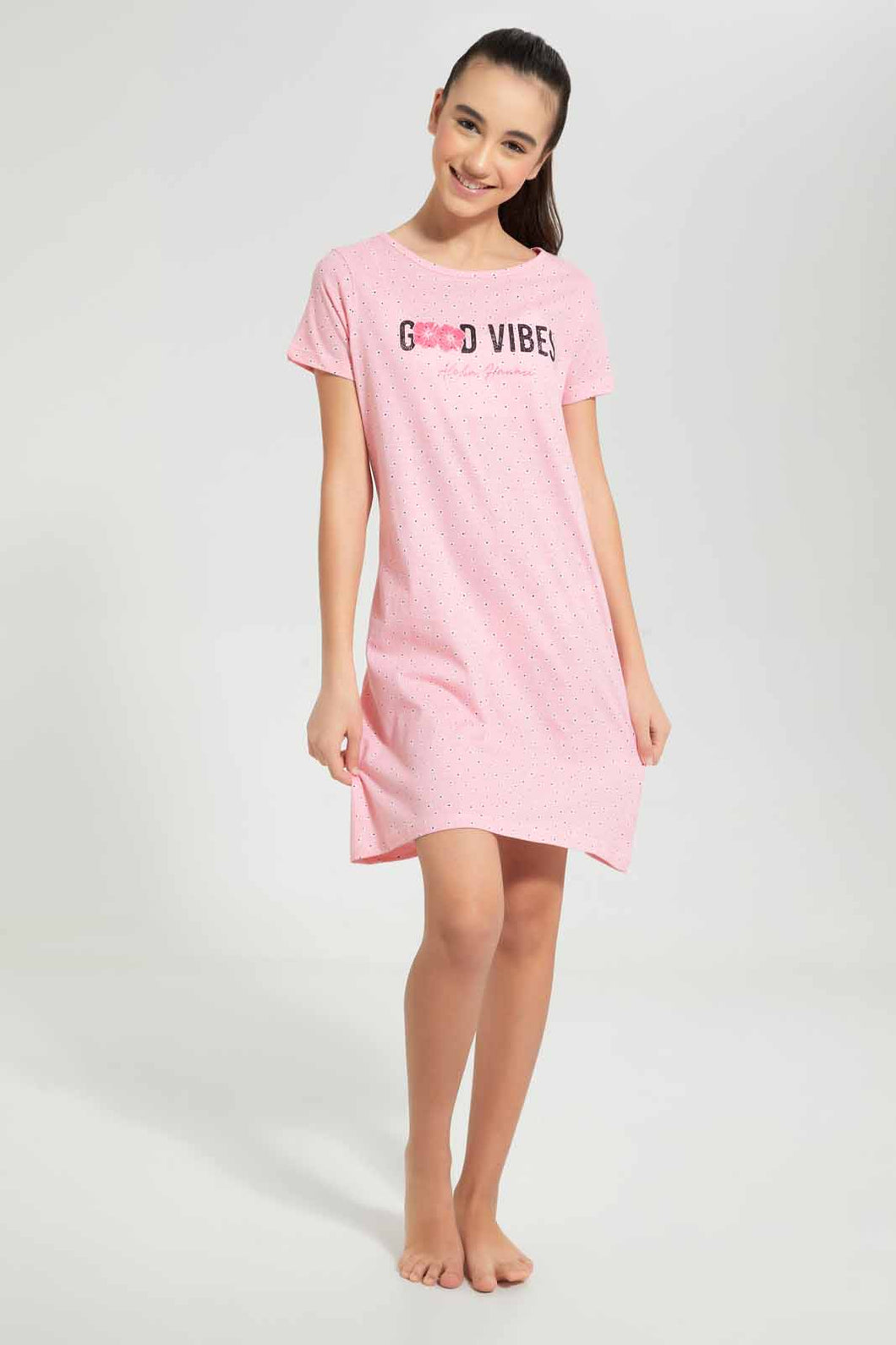 Redtag-Pink-Ruffled-Sleeve-NightShirt-Nightshirts-Senior-Girls-9 to 14 Years