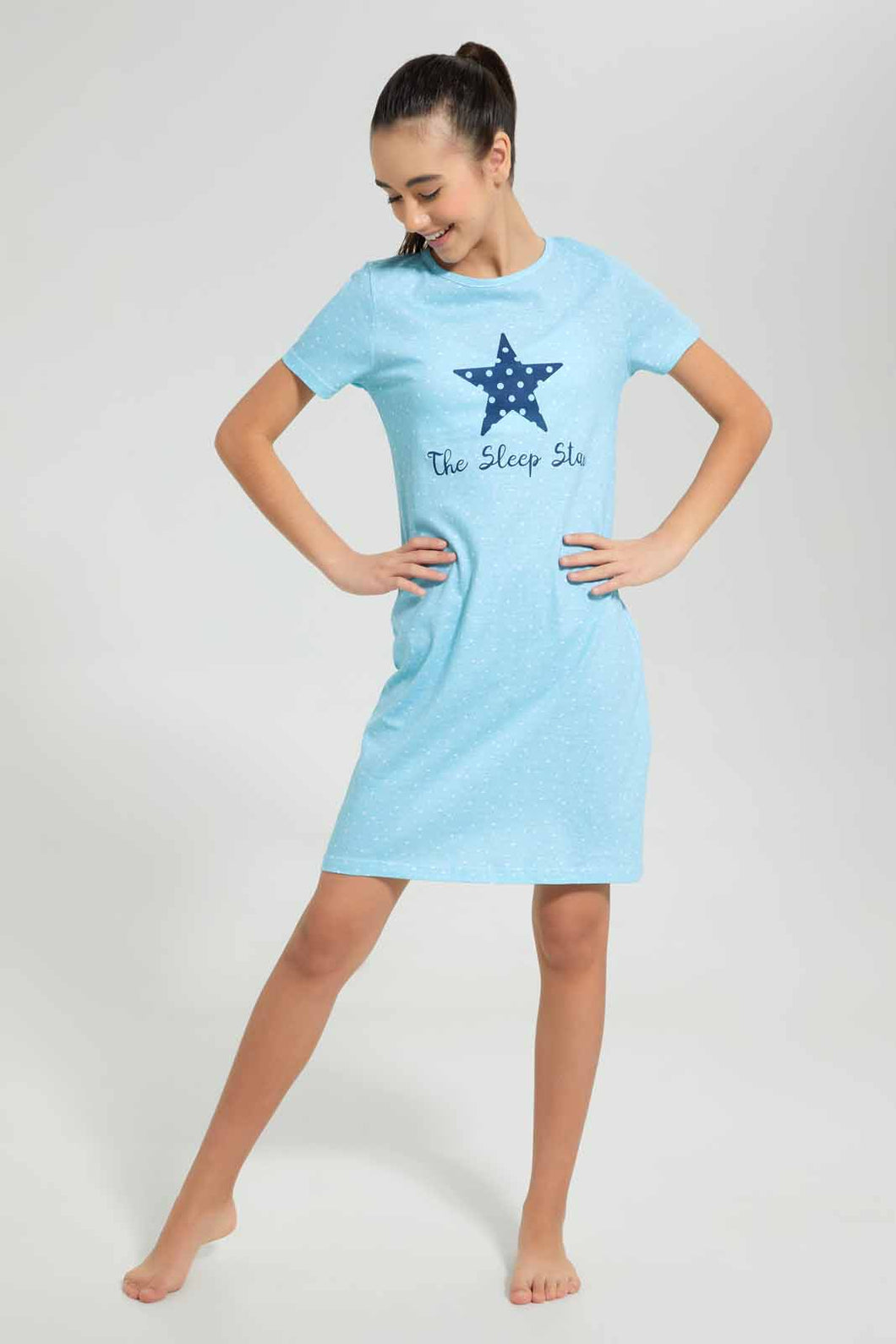 Redtag-Lt-Blue-Ruffled-Sleeve-NightShirt-Nightshirts-Senior-Girls-9 to 14 Years