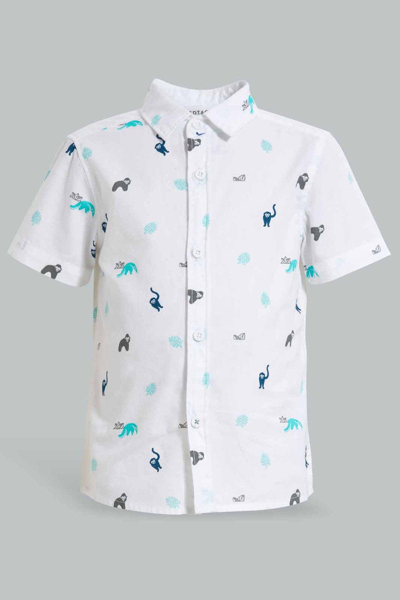 Redtag-White-Dino-Short-Sleeve-Poplin-Shirt-Casual-Shirts-Infant-Boys-3 to 24 Months