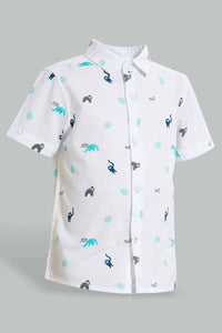 Redtag-White-Dino-Short-Sleeve-Poplin-Shirt-Casual-Shirts-Infant-Boys-3 to 24 Months