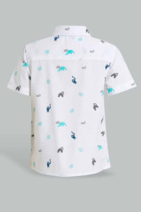 Redtag-White-Dino-Short-Sleeve-Poplin-Shirt-Casual-Shirts-Infant-Boys-3 to 24 Months