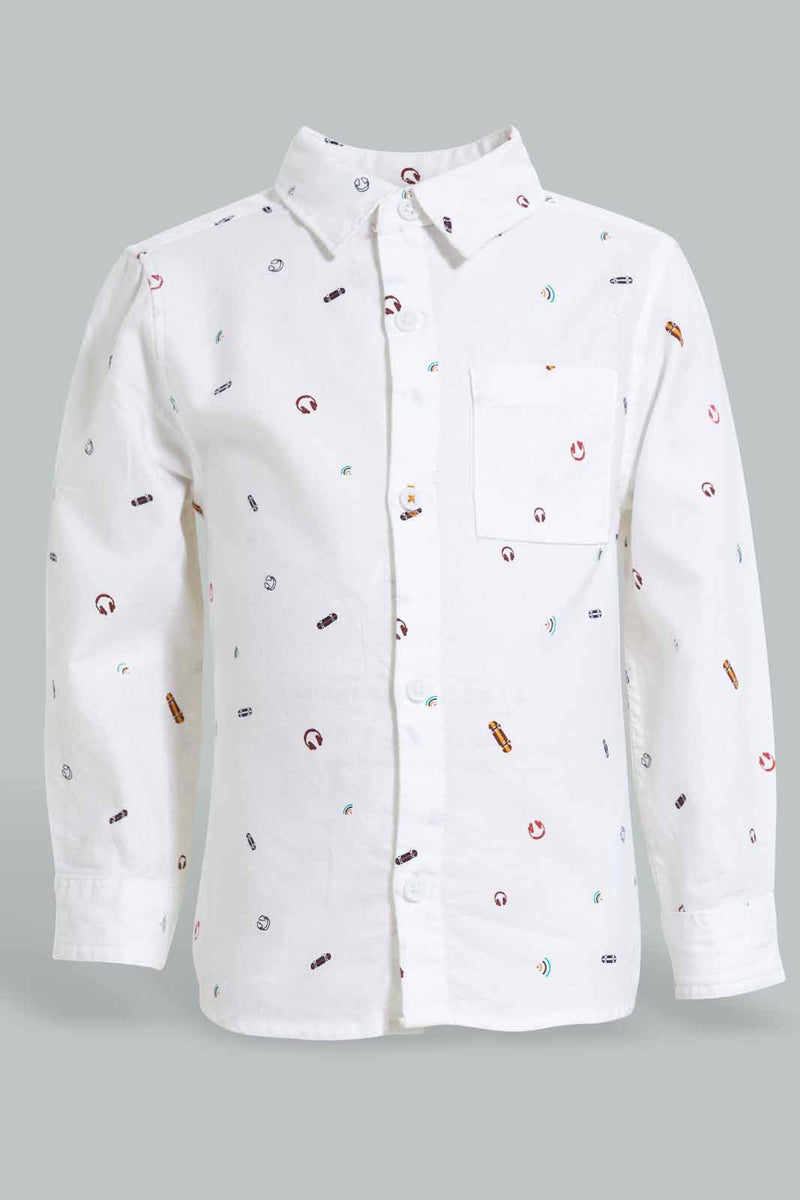 Redtag-White-Music-Allover-Printed-Long-Sleeve-Shirt-Casual-Shirts-Infant-Boys-3 to 24 Months