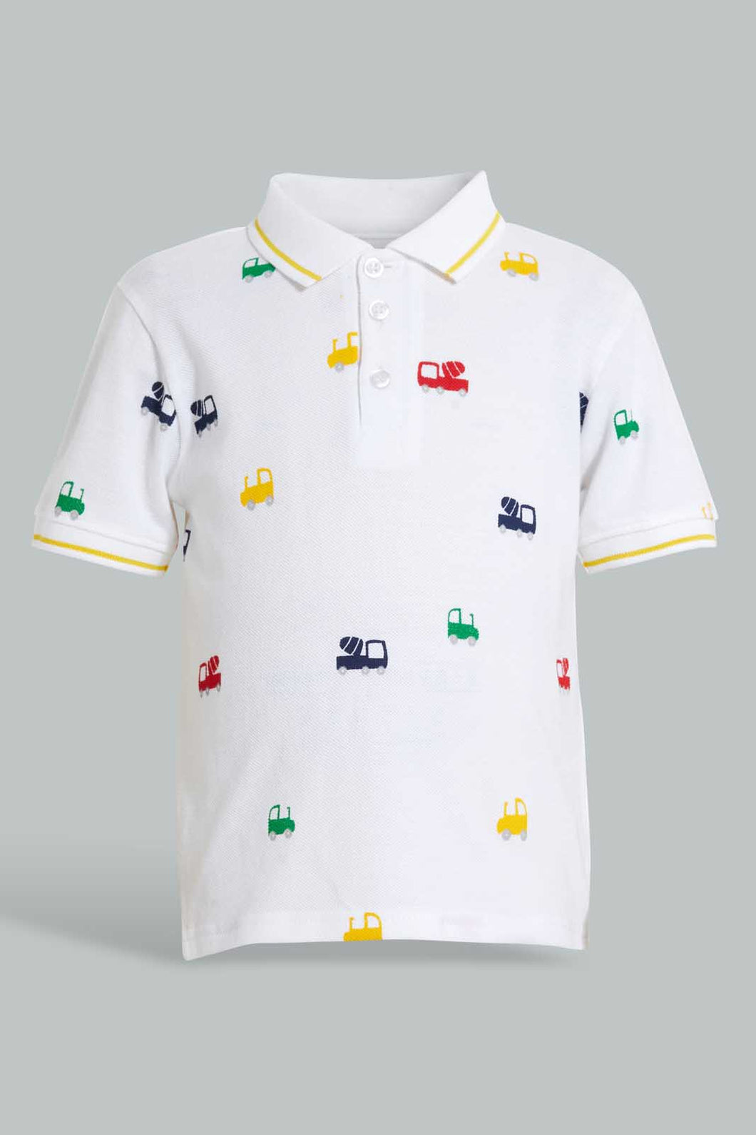 Redtag-White-Car-Printed-Short-Slv-Pique-Polo-Polo-Shirts-Infant-Boys-3 to 24 Months