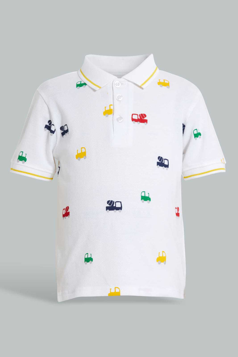 Redtag-White-Car-Printed-Short-Slv-Pique-Polo-Polo-Shirts-Infant-Boys-3 to 24 Months
