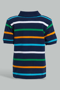 Redtag-Navy-Striped-Tiger-Short-Slv-Polo-Polo-Shirts-Infant-Boys-3 to 24 Months