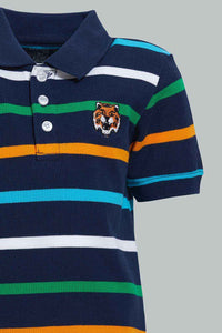 Redtag-Navy-Striped-Tiger-Short-Slv-Polo-Polo-Shirts-Infant-Boys-3 to 24 Months