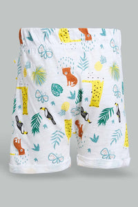 Redtag-Green-And-White-Printed-Jungle-Theme-Short-2-Pack-Active-Shorts-Infant-Boys-3 to 24 Months