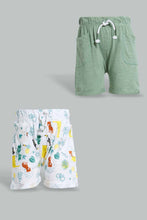 تنزيل الصورة على معرض الصور، Redtag-Green-And-White-Printed-Jungle-Theme-Short-2-Pack-Active-Shorts-Infant-Boys-3 to 24 Months
